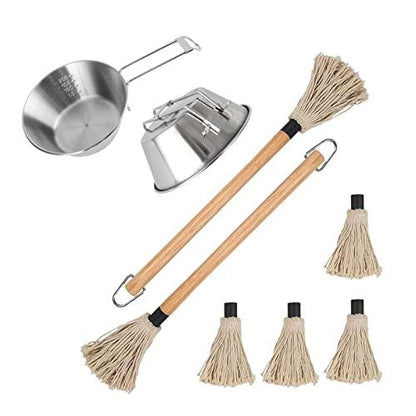 YWNYT 8 Pcs BBQ Mop and Sauce Pot, Grill Basting Mop for Grilling, 2 Pcs Stainless Steel Barbecue Pot + 2 Pcs Sauce Mops Wooden Long Handle and 4Pcs Replacement Barbecue Accessories for Grilling BBQ - CookCave