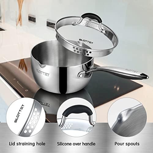 SLOTTET Tri-Ply Whole-Clad Stainless Steel Sauce Pan with Pour Spout,2.5 Quart Small Multipurpose Pasta Pot with Strainer Glass Lid, Saucepan for Cooking with Stay-cool Handle. - CookCave