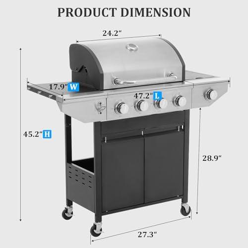 Unovivy 4-Burner Propane Gas BBQ Grill with Side Burner & Porcelain-Enameled Cast Iron Grates Built-in Thermometer, 47,000 BTU Outdoor Cooking, Patio, Garden Barbecue Grill, Black and Silver - CookCave