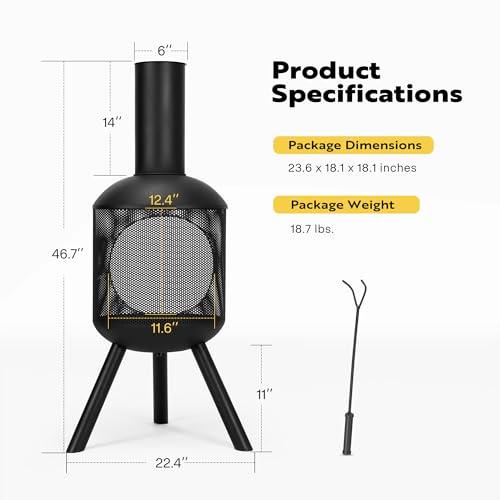 VIVOHOME 46 Inch Chiminea Outdoor Fireplace, Cold-Rolled Steel Wood Burning Fire Pit with Mesh Design, Top Chimney Cover, and Fire Poker Ideal for The Patio, Garden, and Backyard Black - CookCave