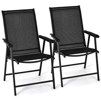 Tangkula Set of 2 Patio Folding Chairs, Fabric Dining Chairs with High Back & Armrests, Portable Camping Lounge Chairs with Sturdy Metal Frame, Outdoor Sling Chairs for Patio Lawn Garden (Black) - CookCave