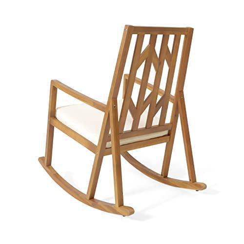 Christopher Knight Home Nuna Outdoor Wood Rocking Chair with Cushion, Teak Finish Dimensions: 37.75”D x 26.50”W x 41.25”H - CookCave