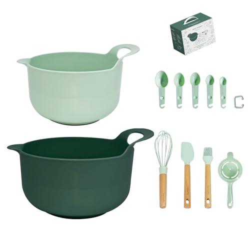 PanPacific Plasic Mixing Bowls Baking Tools set, 2 Green Nesting Bowls, Non-Slip Base with Measuring Spoons set, Egg Whisk, Spatula & Oil brush, Great for Mixing, Baking & Serving with gifted box - CookCave