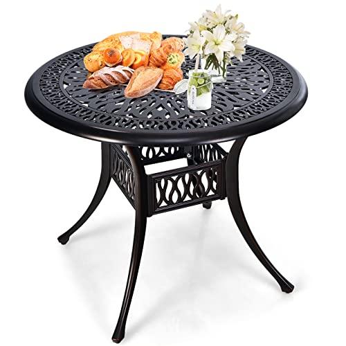 Tangkula 36 Inch Outdoor Dining Table, Round Cast Aluminum Patio Dining Table with Umbrella Hole, Weather-Resistant Patio Bistro Table for Backyard, Garden, Poolside - CookCave