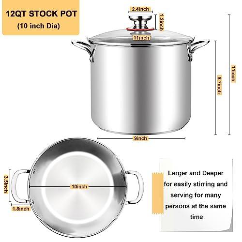 TeamFar 12 Quart Stock Pot, 18/10 Stainless Steel Large Cooking Soup Pot with Lid for Simmering/Stewing, for Induction/Gas/Ceramic, Healthy & Heavy-Duty, Riveted Handles & Dishwasher Safe - CookCave