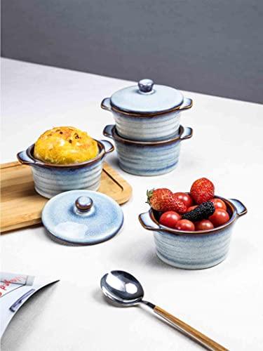 Henten Home Ceramic 8 oz Ramekins with Lid, Porcelain Mini Cocotte with Handle Set of 4, Reactive Glaze Samll Casseroles Dishfor Baking, Custard Cup, Pudding, Crème brûlée (Light Blue) - CookCave