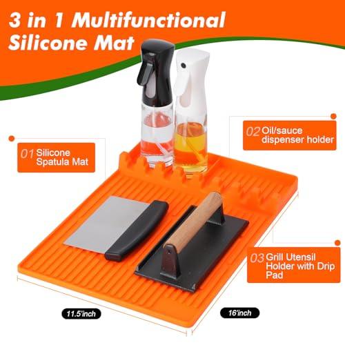 3 in 1 Grill Side Shelf Mat, Large Grill Tool Mat, Heat Resistant Silicone Spatula Mat, Silicone Utensil Rest with Drip Pad for Kitchen, Stovetop, Countertop, Anti- Slip and Keep Side Table Clean - CookCave