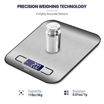 BAGAIL BASICS Digital Kitchen Scale, Premium Stainless Steel Food Scales Weight Grams and Oz for Baking and Cooking, 11lb/5kg with 0.1oz/1g Precision - CookCave