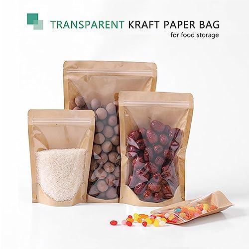 50pcs Kraft Bags With Window Clear Fornt Pouches Resealable Stand Up Zip Lock Food Storage Bags Brown 3.5"x5.5" - CookCave