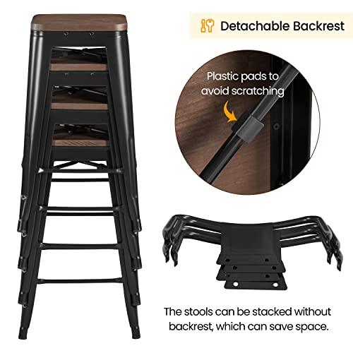 Yaheetech 30" Metal Barstools Set of 4 Bar Height Bar Stools with Wooden Top Low Back Industrial Bar Stools Metal Stool for Indoor-Outdoor Counter Stools with Wooden Seat Matte Black - CookCave