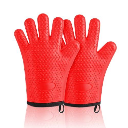 BBQ Gloves, Silicone Oven Mitts - Premium Grilling Gloves, Heat Resistant Gloves Handle Hot Food Right on Grill Fryer & Pit, Non-Slip Waterproof Kitchen Gloves for Barbecue, Cooking, Baking, Smoker - CookCave