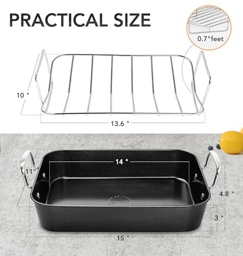 MICHELANGELO Roasting Pan with Rack, Carbon Steel Turkey Roasting Pan for Oven and Induction, Nonstick Turkey Roaster Pan with Stainless Steel Rack, 15 Inch x 11 Inch - CookCave