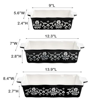 Bekith 3-Piece Ceramic Baking Dishes with Handles, Casserole Dishes for Oven, Rectangular Deep Lasagna Pans, Porcelain Bakeware Sets for Baking Cake Kitchen, Cooking, Black and White - CookCave