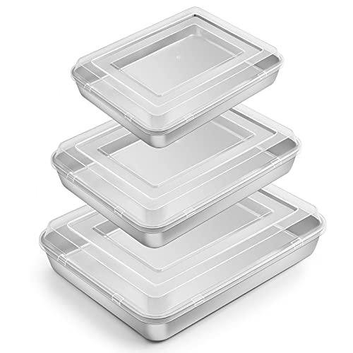 E-far Baking Pan with Lid(12.4/10.4/9.4 inch), Stainless Steel Rectangular Sheet Cake Pans with Cover, Metal Bakeware Sets for Lasagna Casseroles Brownie, Non-toxic & Dishwasher Safe - 3 Pans + 3 Lids - CookCave