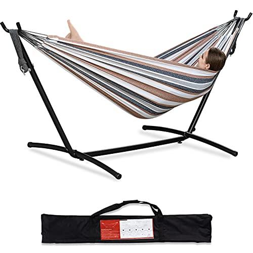 PNAEUT Double Hammock with Space Saving Steel Stand Included 2 Person Heavy Duty Outside Garden Yard Outdoor 450lb Capacity 2 People Standing Hammocks and Portable Carrying Bag (Coffee) - CookCave