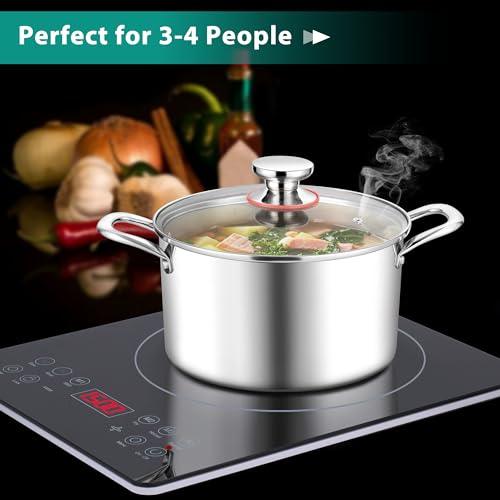 E-far 4 Quart Stock Pot, Tri-Ply Stainless Steel Cooking Pot with Glass Lid and Riveted Handles, Metal Pasta Soup Pot for Induction Ceramic Electric Gas Stoves, Heavy Duty & Dishwasher Safe - CookCave