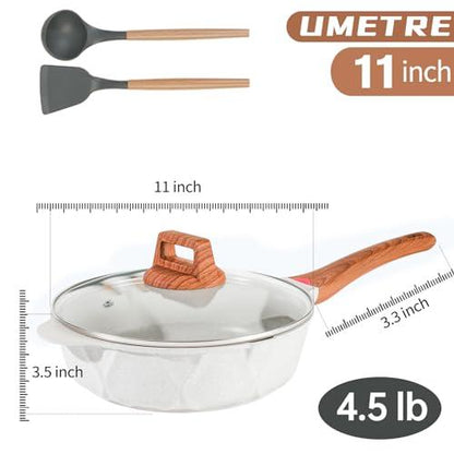 UMETRE NonStick Frying Pan, 9.5" /11" Cooking Pan with Glass Lid, Non stick Deep Frying Pans with White Granite Coatings, Saute Pan, Stone Cookware, Nonstick Frying Pans Skillet, PFOA Free - CookCave