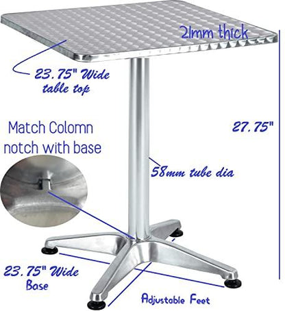 BTEXPERT Silver Indoor Outdoor 23.75" Restaurant Table for Patio Stainless Steel Aluminum Furniture with Base, 23.75Inch Square X 27.7" Height-One - CookCave