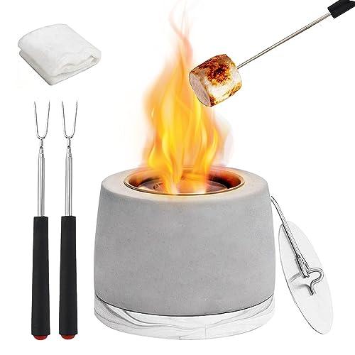 Concrete Tabletop Fire Pit Bowl, Table Top Portable Rubbing Alcohol Fireplace Indoor Outdoor Decor Long Time Burning Smokeless Odorless Housewarming Gift for Patio Balcony with Extinguisher - CookCave