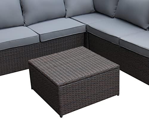 Outdoor Patio Furniture Set with Ottoman Square Coffee Table 4 Piece Patio Sectional Sofa Couch, Modern Brown Rattan Wicker with Seat Cushions - Light Grey - Oliver & Smith - Sunny - CookCave