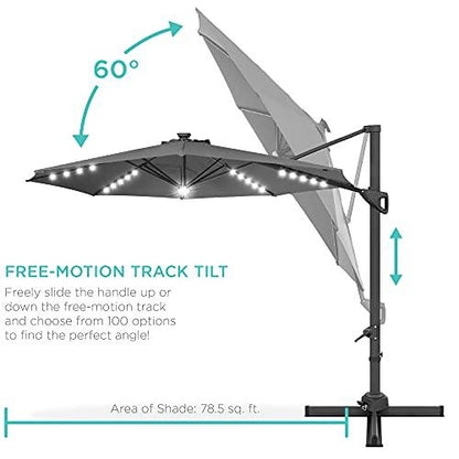 Best Choice Products 10ft Solar LED Cantilever Patio Umbrella, 360-Degree Rotation Hanging Offset Market Outdoor Sun Shade for Backyard, Deck, Poolside w/Lights, Easy Tilt, Cross Base - Gray - CookCave