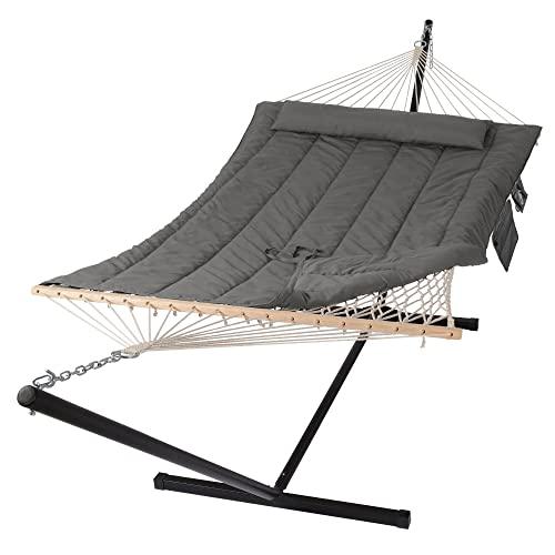 SUNCREAT Double Outdoor Hammock with Stand, Two Person Cotton Rope Hammock with Polyester Pad, Dark Gray - CookCave