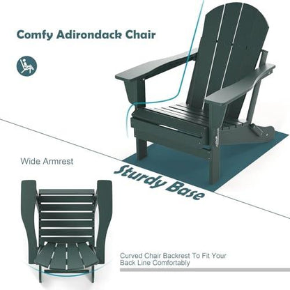 TORVA Folding Adirondack Chair,Fire Pit Chair,Patio Outdoor Chairs All-Weather Proof HDPE Resin for BBQ Beach Deck Garden Lawn Backyard(Dark Green Color) - CookCave