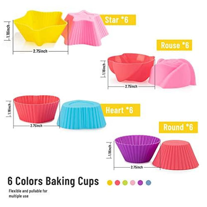 LetGoShop Silicone Cupcake Liners Reusable Baking Cups Nonstick Easy Clean Pastry Muffin Molds 4 Shapes Round, Stars, Heart, Flowers, 24 Pieces Colorful - CookCave