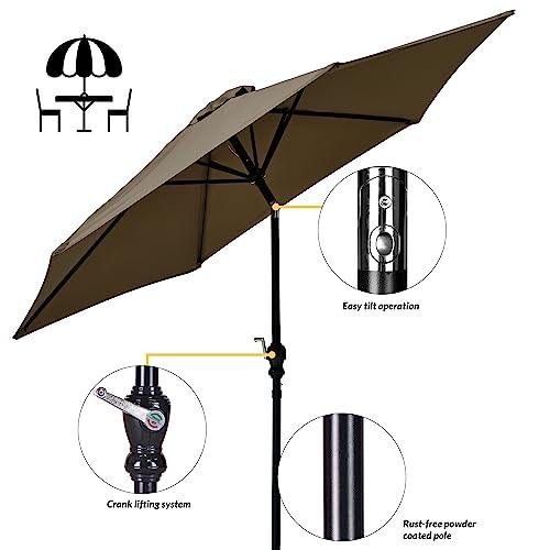 Elevon 9' Outdoor Patio Umbrella, Market Striped Umbrella with Push Button Tilt and Crank, Beige - CookCave