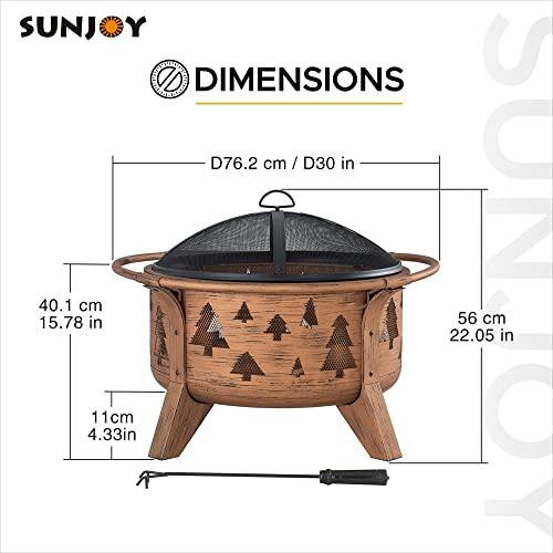 Sunjoy 30 in. Outdoor Wood-Burning Fire Pit, Patio Tree Motif Round Steel Firepit Large Fire Pits for Outside with Spark Screen and Poker - CookCave