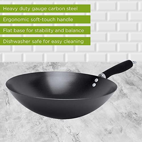 Ecolution Non-Stick Carbon Steel Wok with Soft Touch Riveted Handle, 12",Black - CookCave