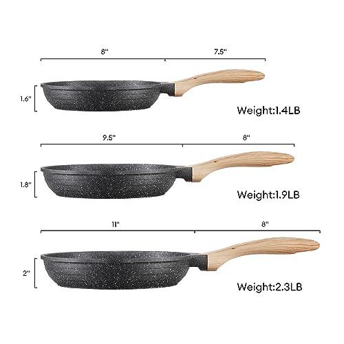 JEETEE Nonstick Pan, Nonstick Stone Frying Pan, Nonstick Omelette Skillet with Soft Touch Handle, 3-Piece Cookware Set Induction Compatible -8 Inch-9.5 Inch-11 Inch, Grey - CookCave