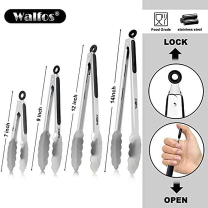 Walfos Stainless Steel Kitchen Tongs for Cooking, BBQ - 7 ，9, 12 and 14 Inch,Set of 4 Heavy Duty Locking Metal Food Tongs Non-Slip Grip - CookCave