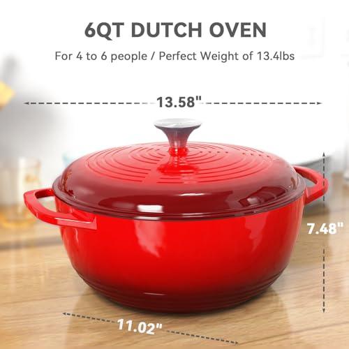 magicplux Dutch Oven Pot with Lid, Enameled Cast Iron Dutch Oven 6 Quart, Cast Iron Pot for Cooking, Red - CookCave