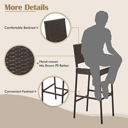 Tangkula Set of 2 Patio Wicker Barstools, Outdoor Bar Height Chair w/Soft Seat Cushion & Cozy Footrest, Heavy-Duty Metal Frame, 400 lbs Max Load, Mix Brown Rattan Bar Chair for Backyard, Balcony - CookCave