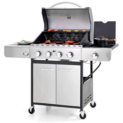 Sophia & William 4-Burner Gas BBQ Grill with Side Burner and Porcelain-Enameled Cast Iron Grates 42,000BTU Outdoor Cooking Stainless Steel Propane Grills Cabinet Style Garden Barbecue Grill, Silver - CookCave