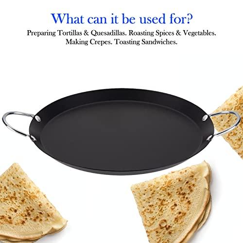 Alpine Cuisine Nonstick Round Comal Griddle 11-Inch - Black Carbon Steel Tortilla Comal Griddle with Double Handle - Durable, Heavy Duty Comal for Cooking - Even-Heating - CookCave