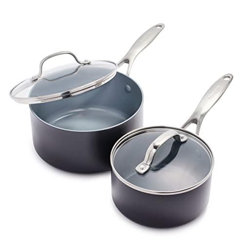 GreenPan Valencia Pro Hard Anodized Healthy Ceramic Nonstick 2QT and 3QT Saucepan Pot Set with Lids, PFAS-Free, Induction, Dishwasher Safe, Oven Safe, Gray - CookCave