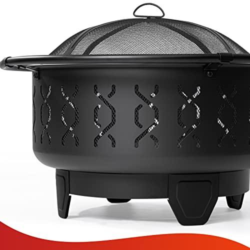 SINGLYFIRE 30 Inch Fire Pits for Outside Wood Burning Outdoor Large FirePit Round Steel Firepit for Patio Backyard Garden Outdoor Heating,with Spark Screen,Log Grate,Poker, Black (SFPR-001) - CookCave