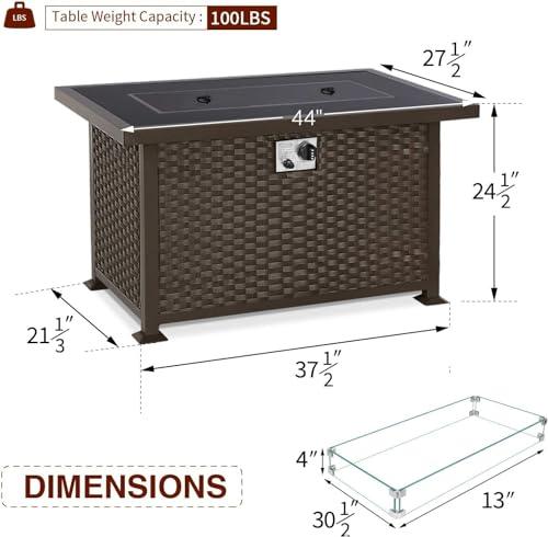 U-MAX 44in Outdoor Propane Gas Fire Pit Table, 50,000 BTU Auto-Ignition Gas Firepit with Glass Wind Guard, Black Tempered Glass Tabletop & Blue Glass Rock, Brown PE Rattan, CSA Certification - CookCave