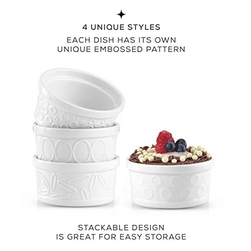 JoyJolt Small Ramekins 4 oz Oven Safe Bowls. White Embossed Porcelain Ceramic Ramekin Set of 4. Creme Brulee Ramekins, Souffle Cups, Custard Cups, Charcuterie Bowls, Sauce Cups, Gratin Ramiken - CookCave