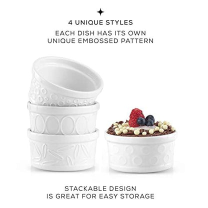 JoyJolt Small Ramekins 4 oz Oven Safe Bowls. White Embossed Porcelain Ceramic Ramekin Set of 4. Creme Brulee Ramekins, Souffle Cups, Custard Cups, Charcuterie Bowls, Sauce Cups, Gratin Ramiken - CookCave