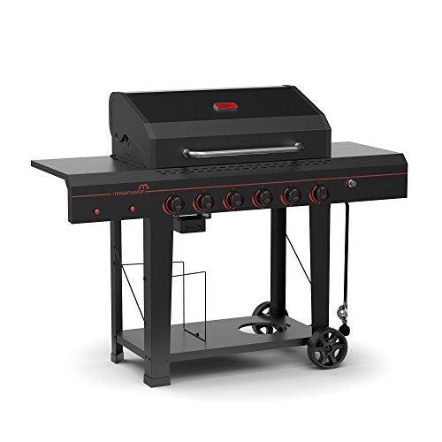 Megamaster 6-Burner Propane Barbecue Gas grill, Side Shelves With Hooks, for Camping, Outdoor Cooking, Patio, Garden Barbecue Grill, Open Cart With Side Tables, Black - CookCave