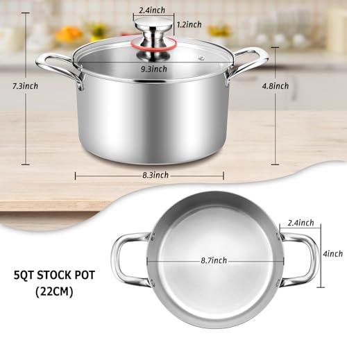 TeamFar 5 Quart Stock Pot, Stainless Steel Tri-Ply Cooking Pasta Soup Pot with See-Through Lid for Induction/Electric/Gas/Ceramic, Healthy & Heavy Duty, Ergonomic Handle & Dishwasher Safe - CookCave