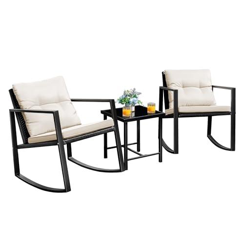 Flamaker Patio Chairs 3 Piece Wicker Rocking Chair Outdoor Bistro Sets with Coffee Table and Cushions Metal Frame Patio Furniture for Porch, Balcony, Lawn (White) - CookCave