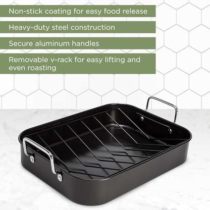 Ecolution Nonstick Roasting Pan with Rack, Carbon Steel with Premium Nonstick, Oven Safe to 450 F, Made without PFOA, Dishwasher Safe, 16-Inch x 12-Inch x 3-Inch - CookCave