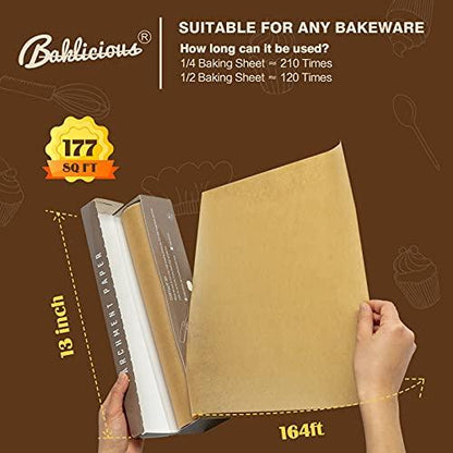 Unbleached Parchment Paper Roll for Baking, 13 in x 164 Ft, 177 Sq.Ft, Baklicious Non-stick Baking Parchment Paper for Baking, Cookies, Bread, Oven, Air Fryer, Steamer, Baking paper - CookCave