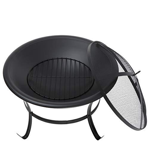 22Inches Fire Pit Outdoor Steel Wood Burning BBQ Grill Firepit Bowl Fireplace with Mesh Screen & Fire Poker, Log Grate - CookCave