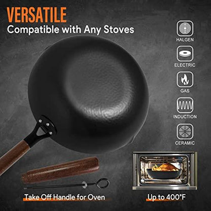 BrBrGo Carbon Steel Wok, 13 Inch Wok Pan with Lid and Cookwares, 5 Piece Woks & Stir-Fry Pans Set, No Chemical Coated Flat Bottom Chinese Woks for Induction, Electric, Gas, All Stoves - CookCave