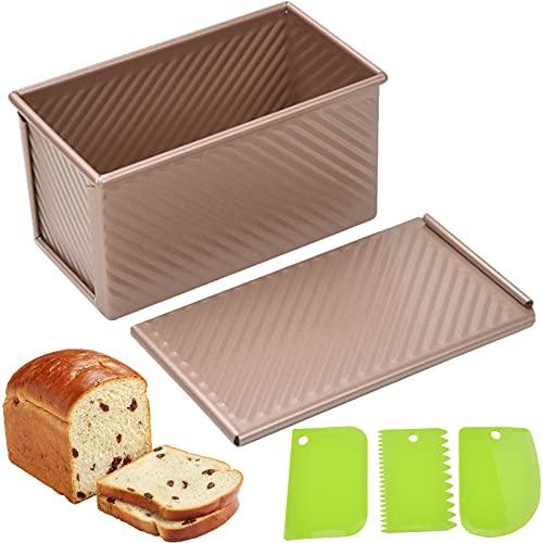 Spmarkt Bread Pans, Pullman Loaf Pan with Lid, Non-Stick Long Loaf Pans for Baking Homemade Bread, 9x4inch, Deep Square Tin with Cover, Toast Mold with Dough Scraper Cutter for Sandwich - CookCave